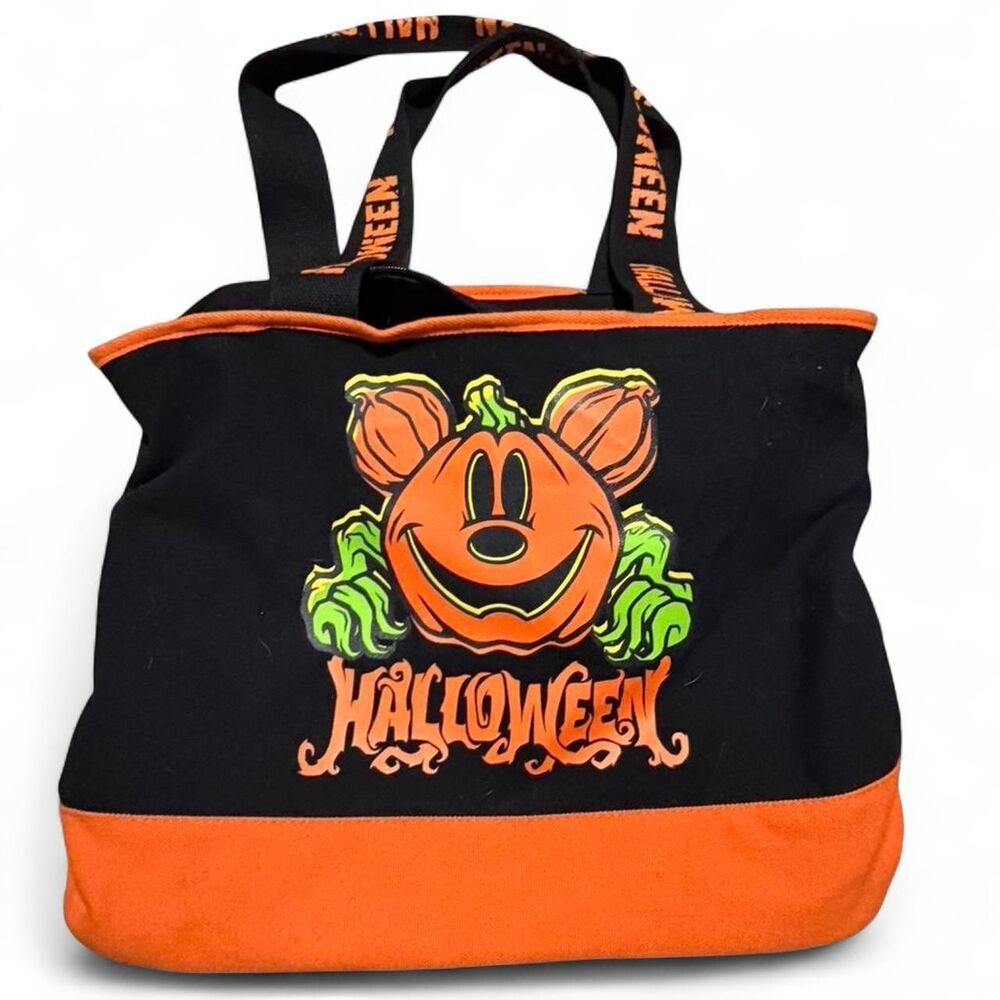 Disney Parks Halloween 2024 Pumpkin Mickey Mouse Canvas Tote Bag Glow In Dark